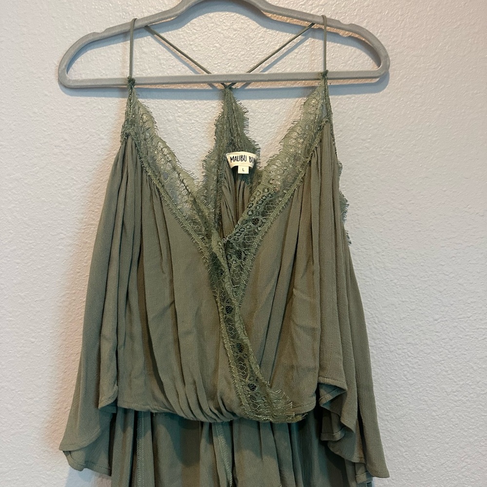 Malibu Olive Green Lace Trim Top